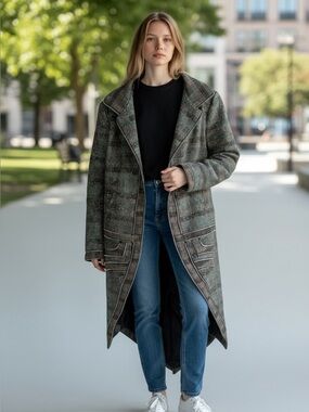 Custo Barcelona Teal and Brown Patterned Long Pea Coat